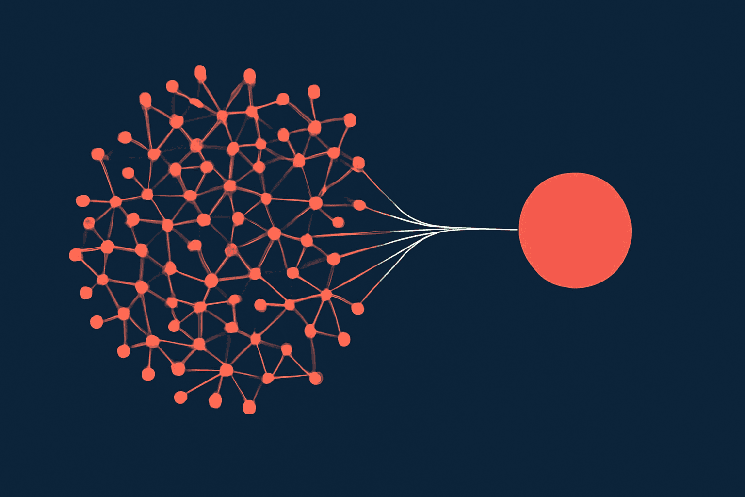 Many small coral nodes connected by fine lines converging into a single larger shape, in coral and navy