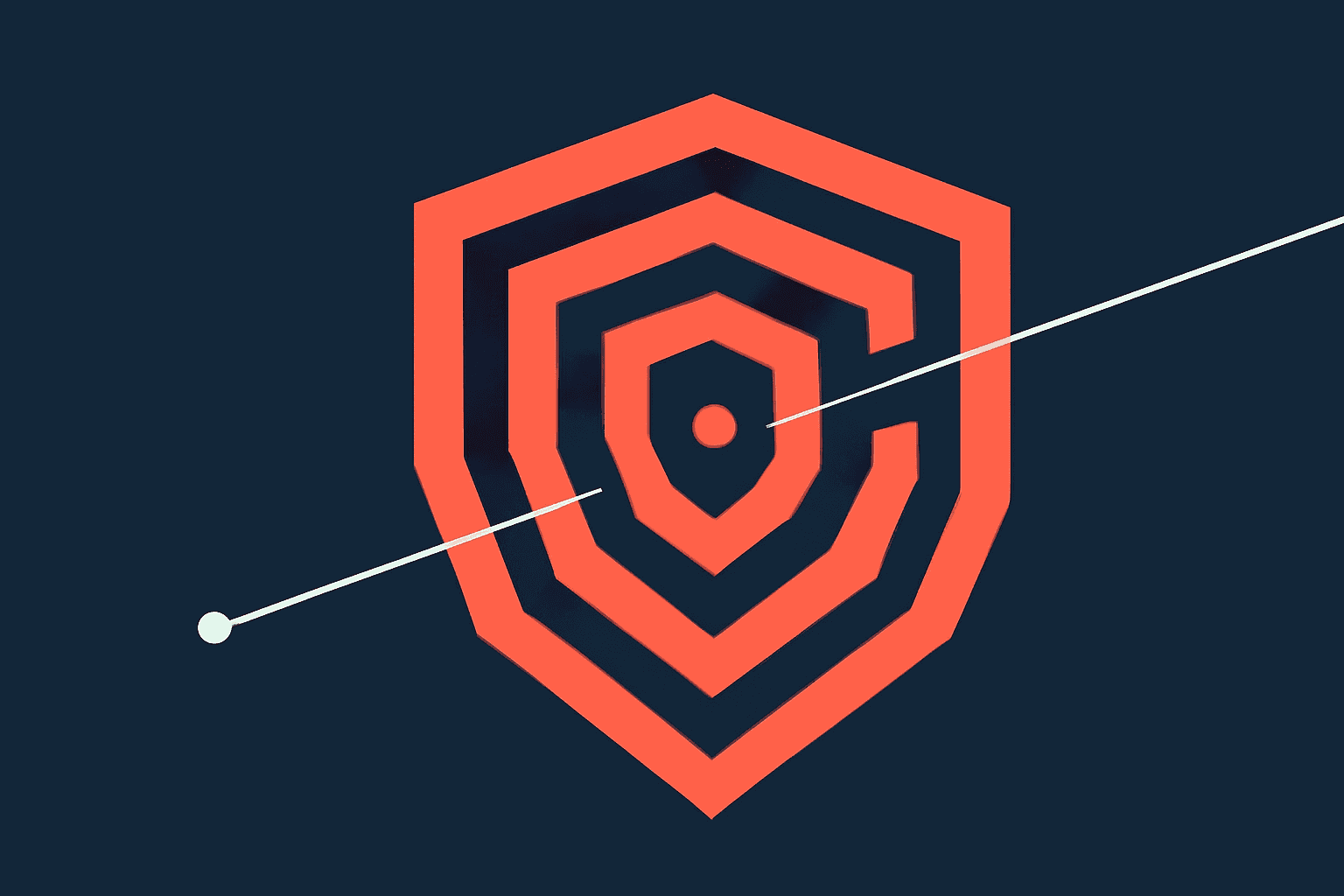 Nested angular perimeter layers in coral with a single line crossing through a gap, in coral and navy