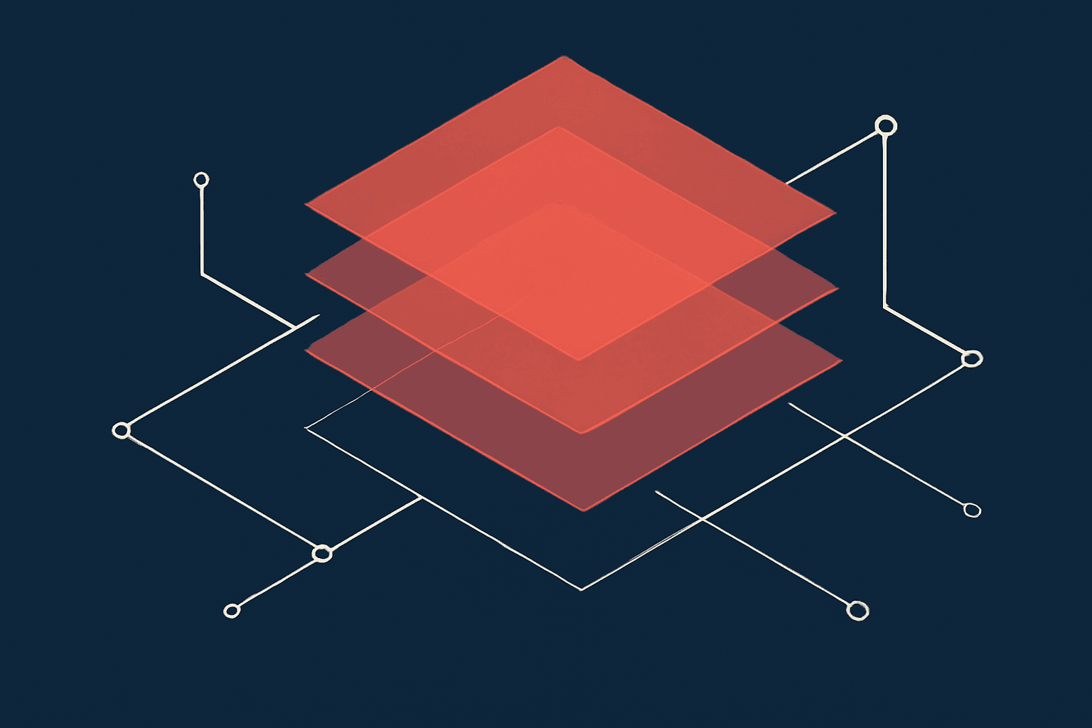 An abstract geometric composition of layered platform architecture in coral and navy